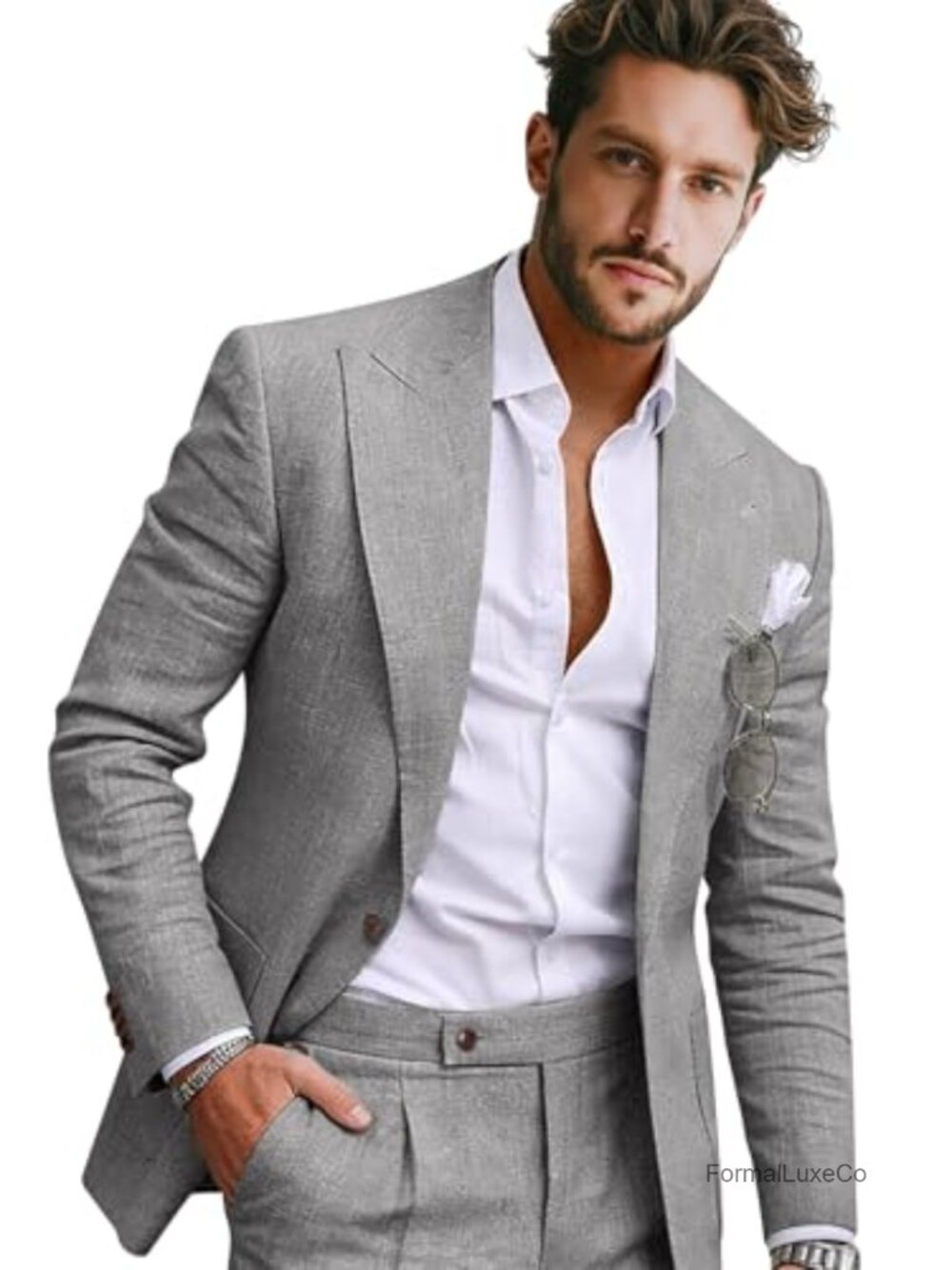 Men's Linen Suit Jacket & Pants Set, 2 Piece Blazer
